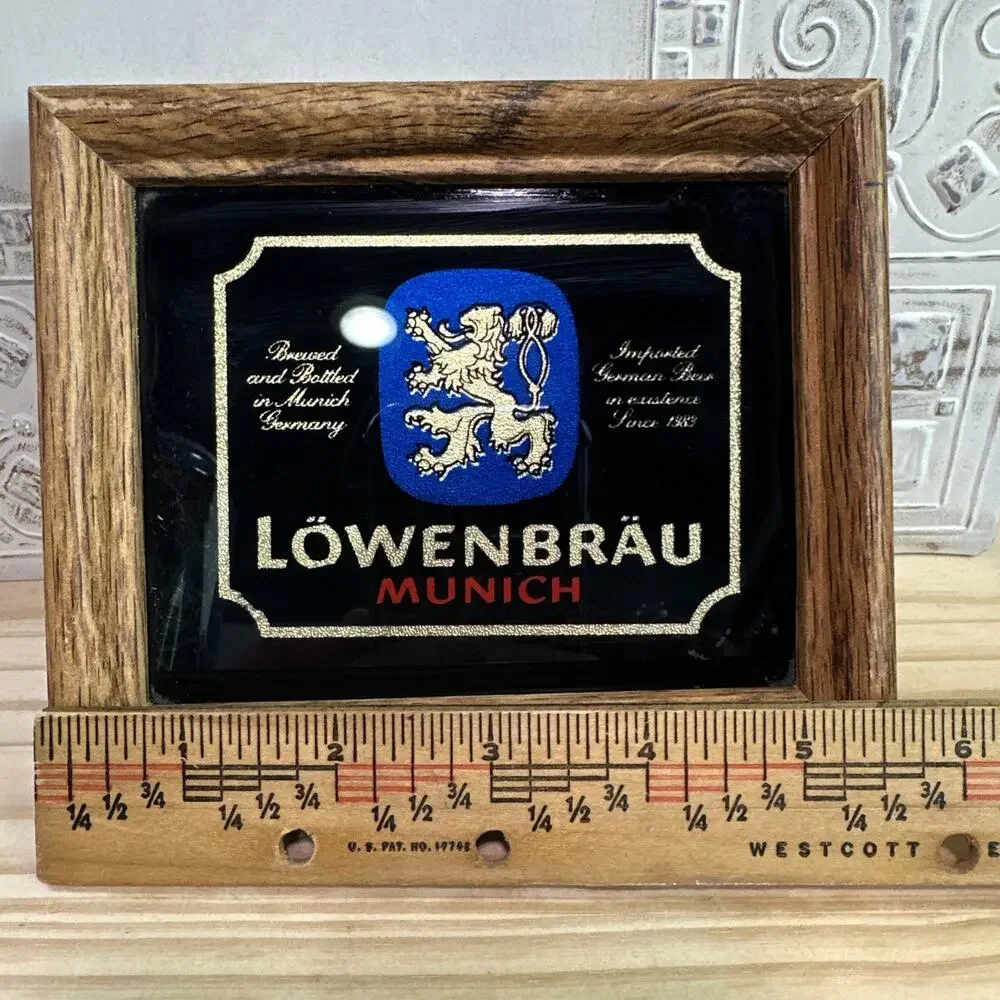 Vintage LOWENBRAU Special Beer Glass Sign Framed Mirror 5.75”x4.75” Mini 💙